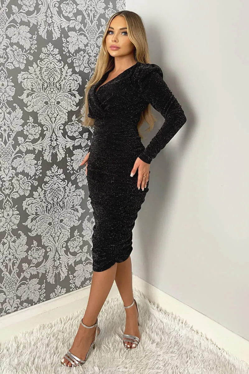 Black Shimmer Long Sleeve Wrap Top Ruched Midi Bodycon Dress