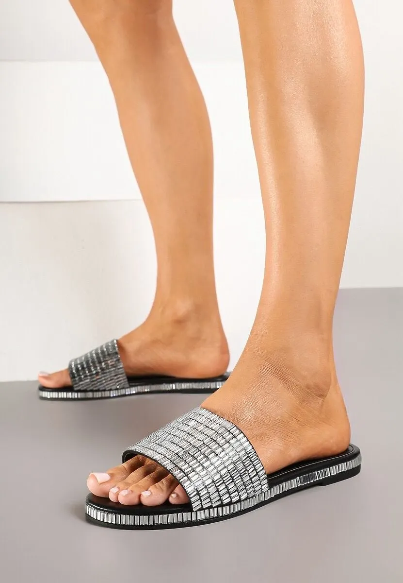 BLACK SPARKLY SLIP ON SLIPPERS SLIDERS