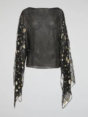 Black Star Print Chiffon Top