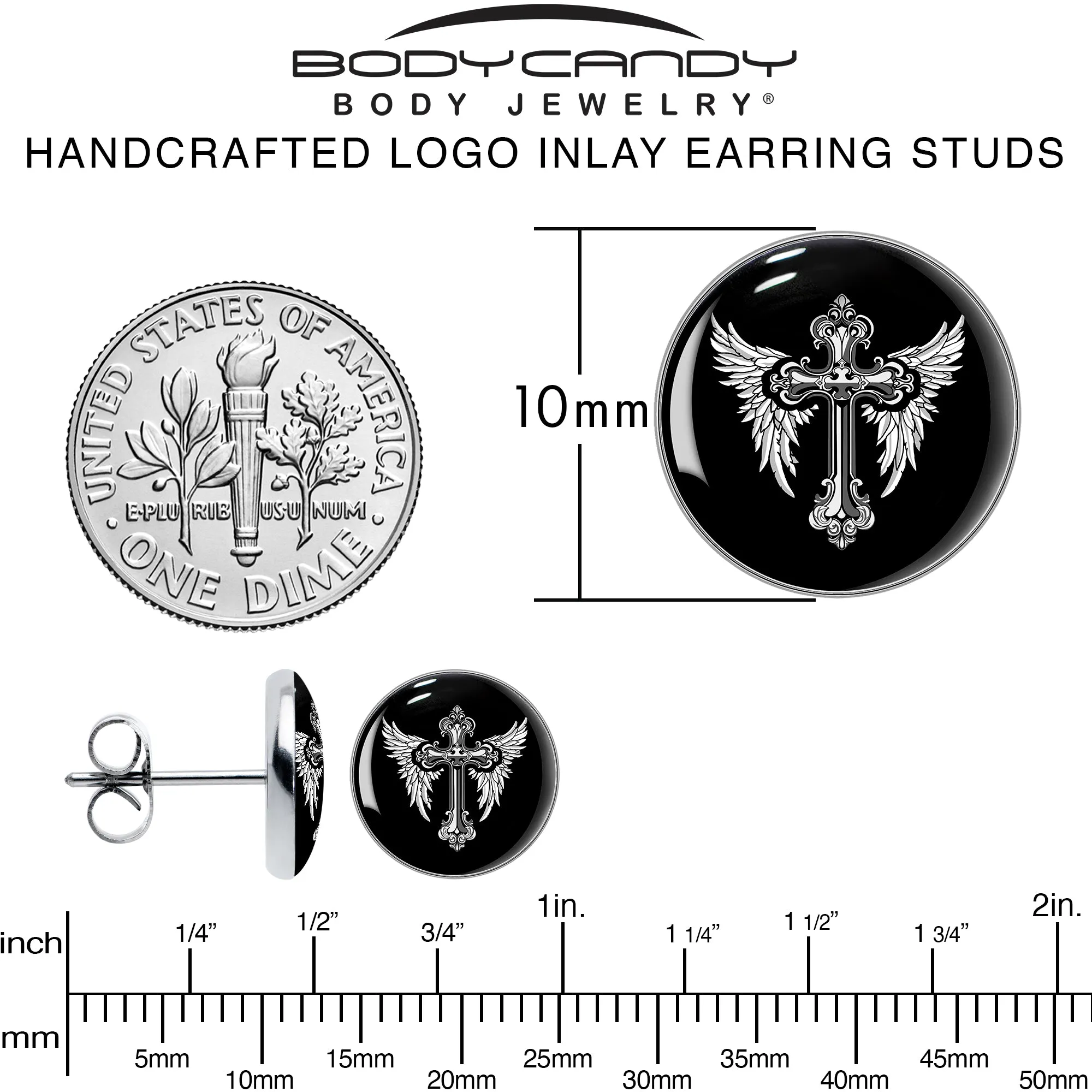 Black White Winged Cross Stud Earrings