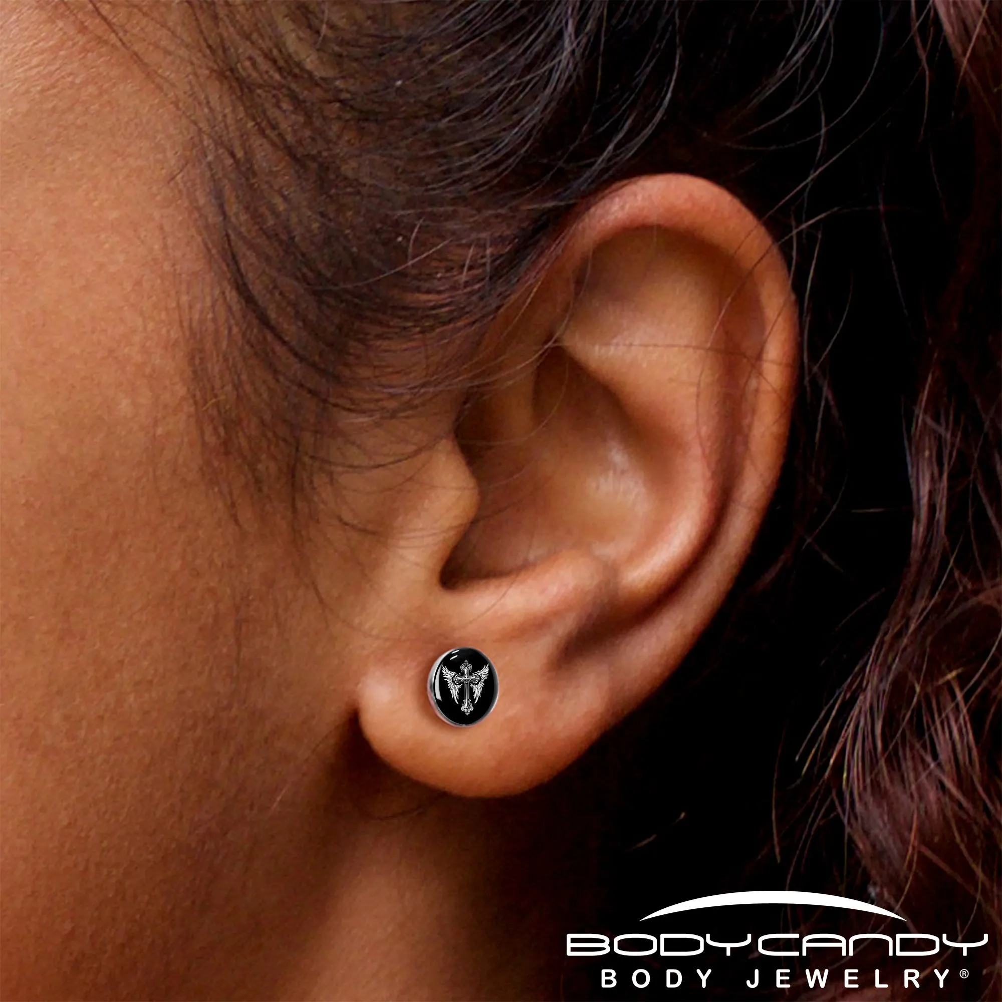 Black White Winged Cross Stud Earrings