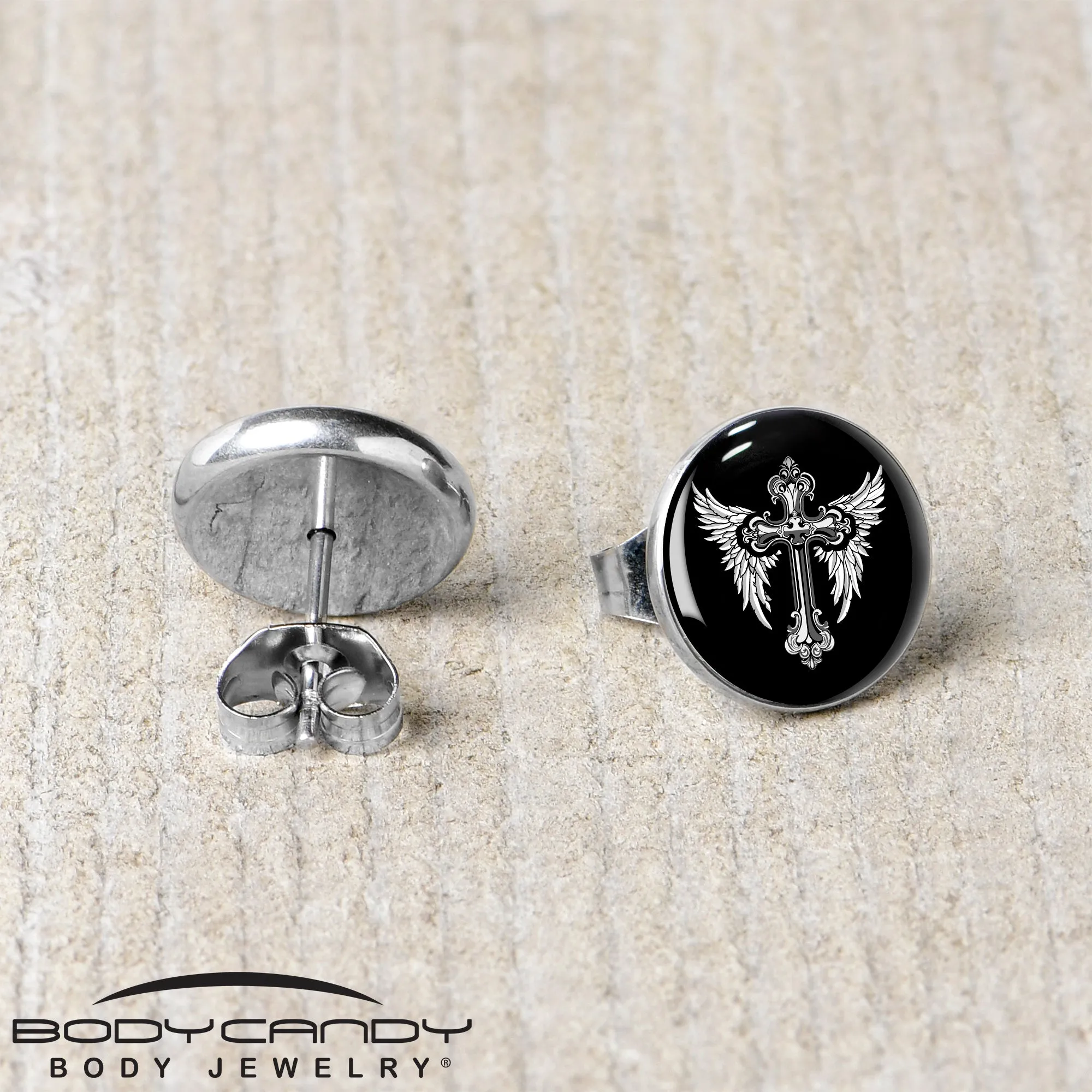 Black White Winged Cross Stud Earrings