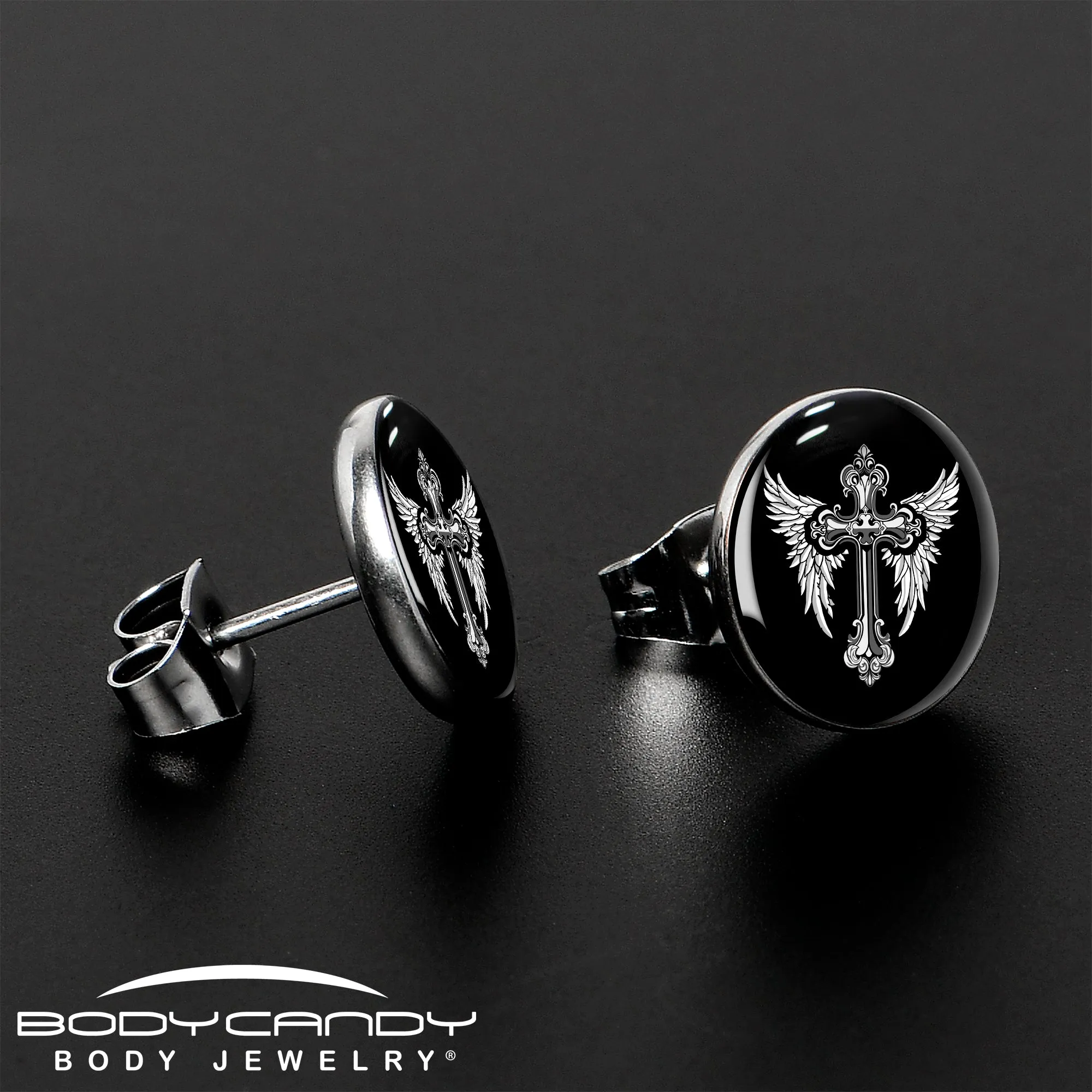Black White Winged Cross Stud Earrings