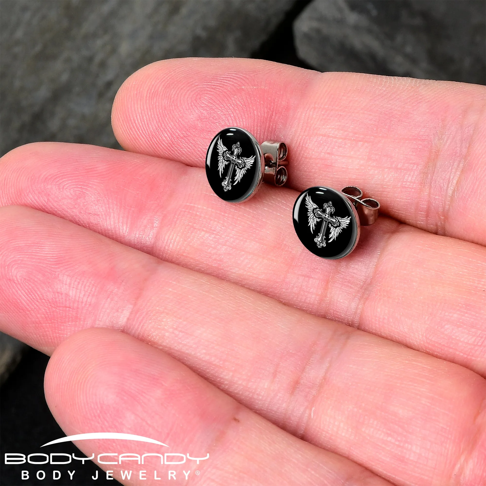 Black White Winged Cross Stud Earrings