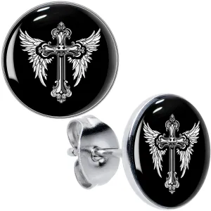 Black White Winged Cross Stud Earrings