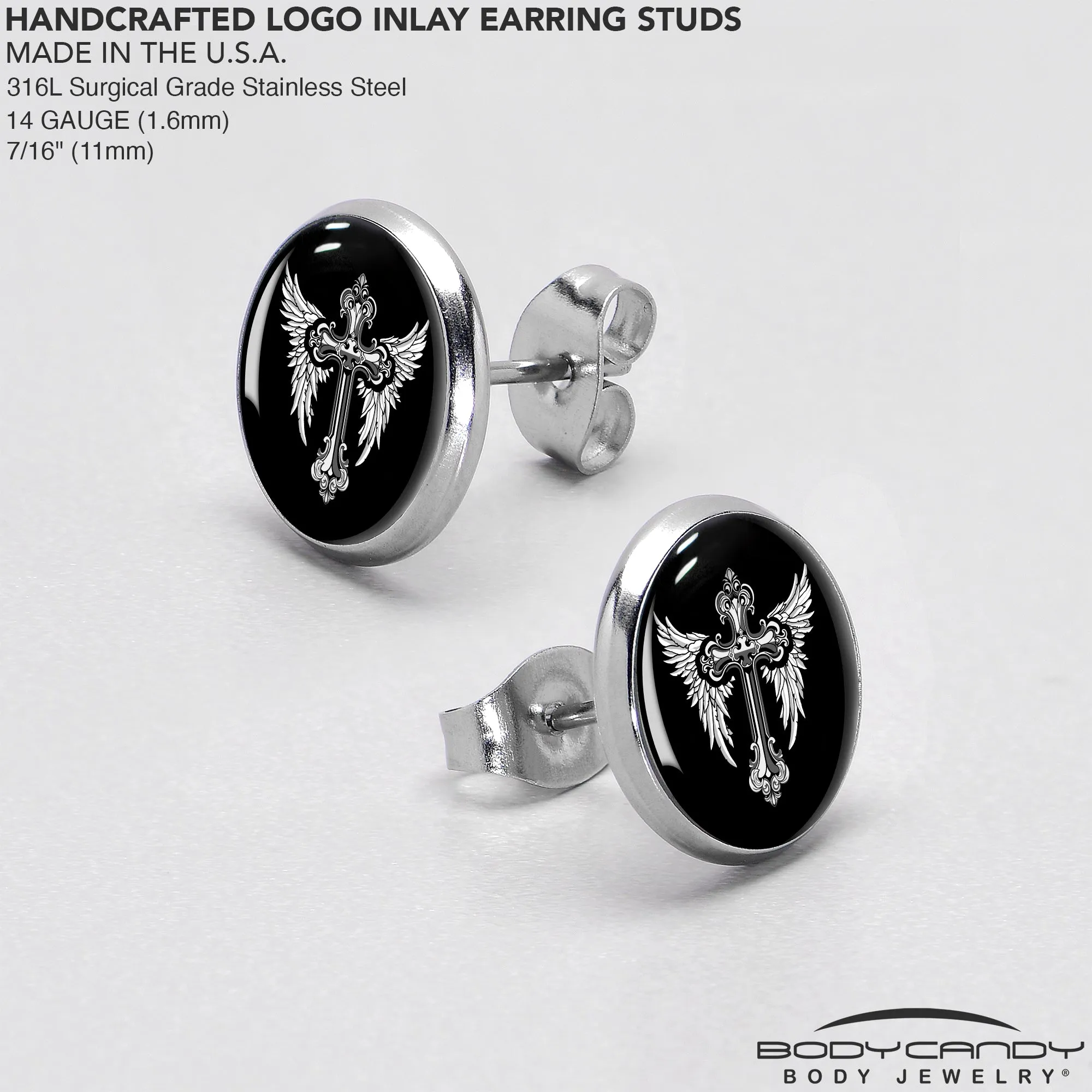 Black White Winged Cross Stud Earrings
