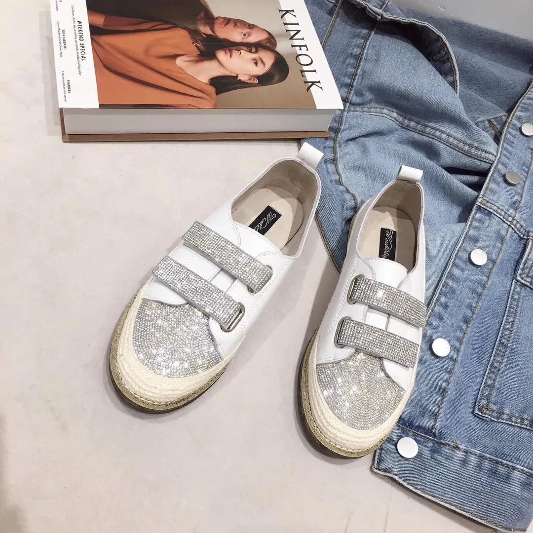 Bling Velcro Calf Leather Rope Flats
