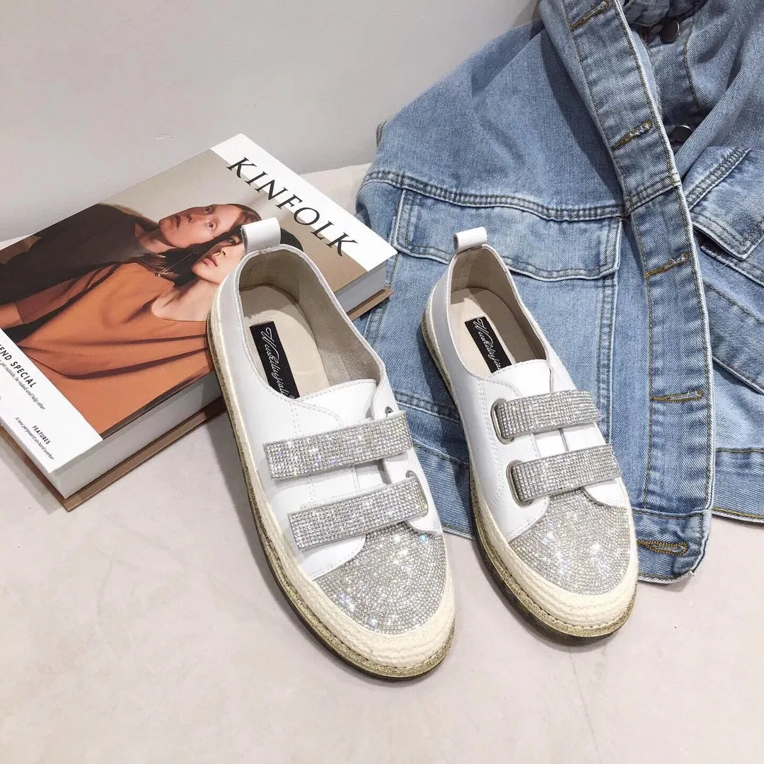 Bling Velcro Calf Leather Rope Flats