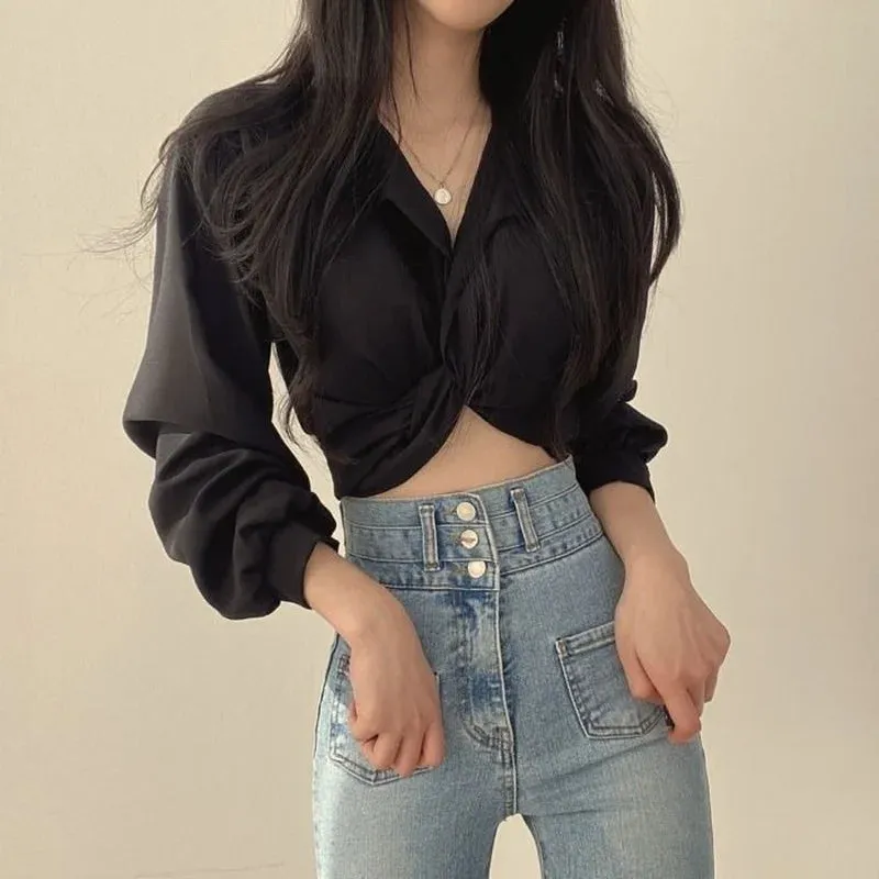 Blouse Crop Top – Long Sleeve Casual Shirt