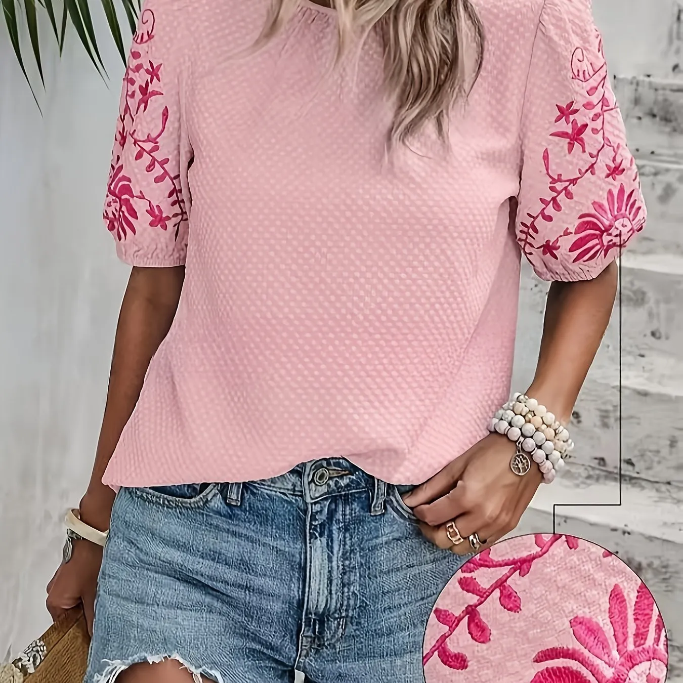 Blouse - Embroidered Floral Pattern & Breathable Material