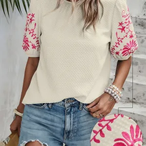 Blouse - Embroidered Floral Pattern & Breathable Material