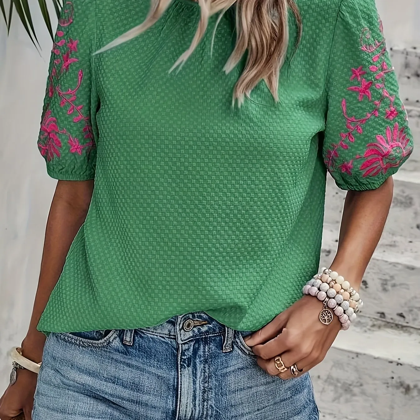 Blouse - Embroidered Floral Pattern & Breathable Material
