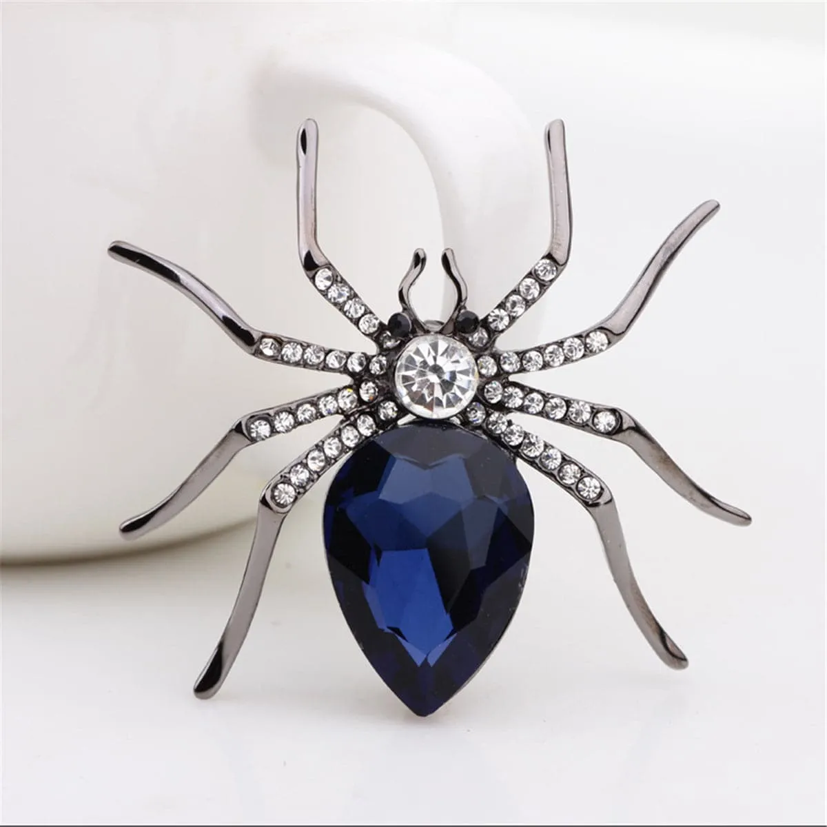 Blue Crystal & Black Spider Brooch