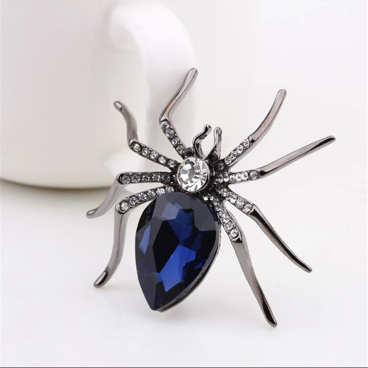 Blue Crystal & Black Spider Brooch