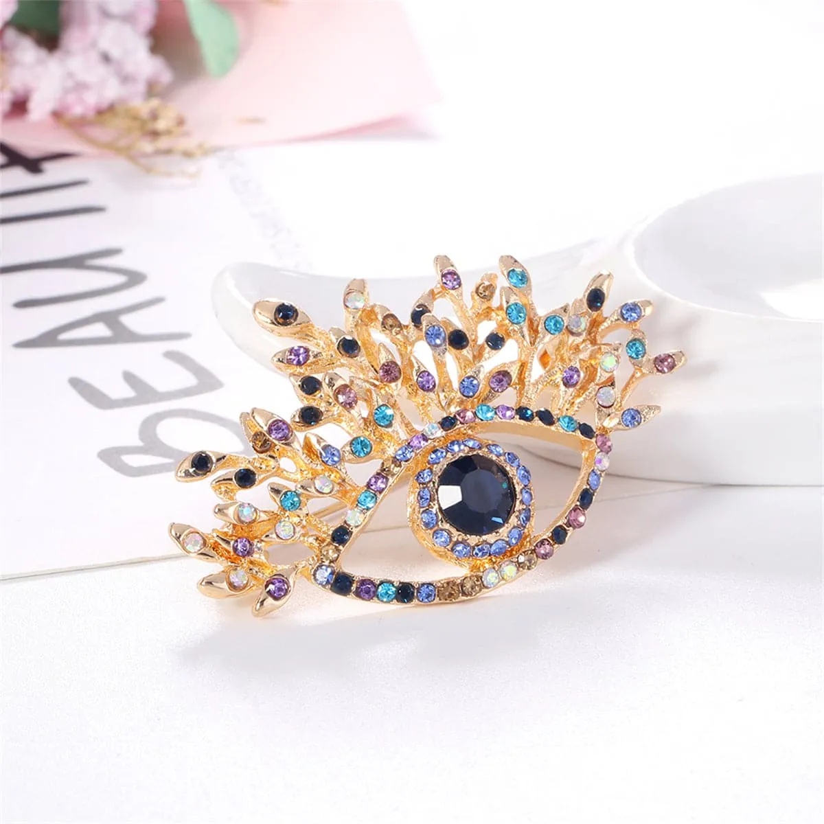 Blue Crystal & Multicolor Cubic Zirconia 18K Gold-Plated Eye Brooch