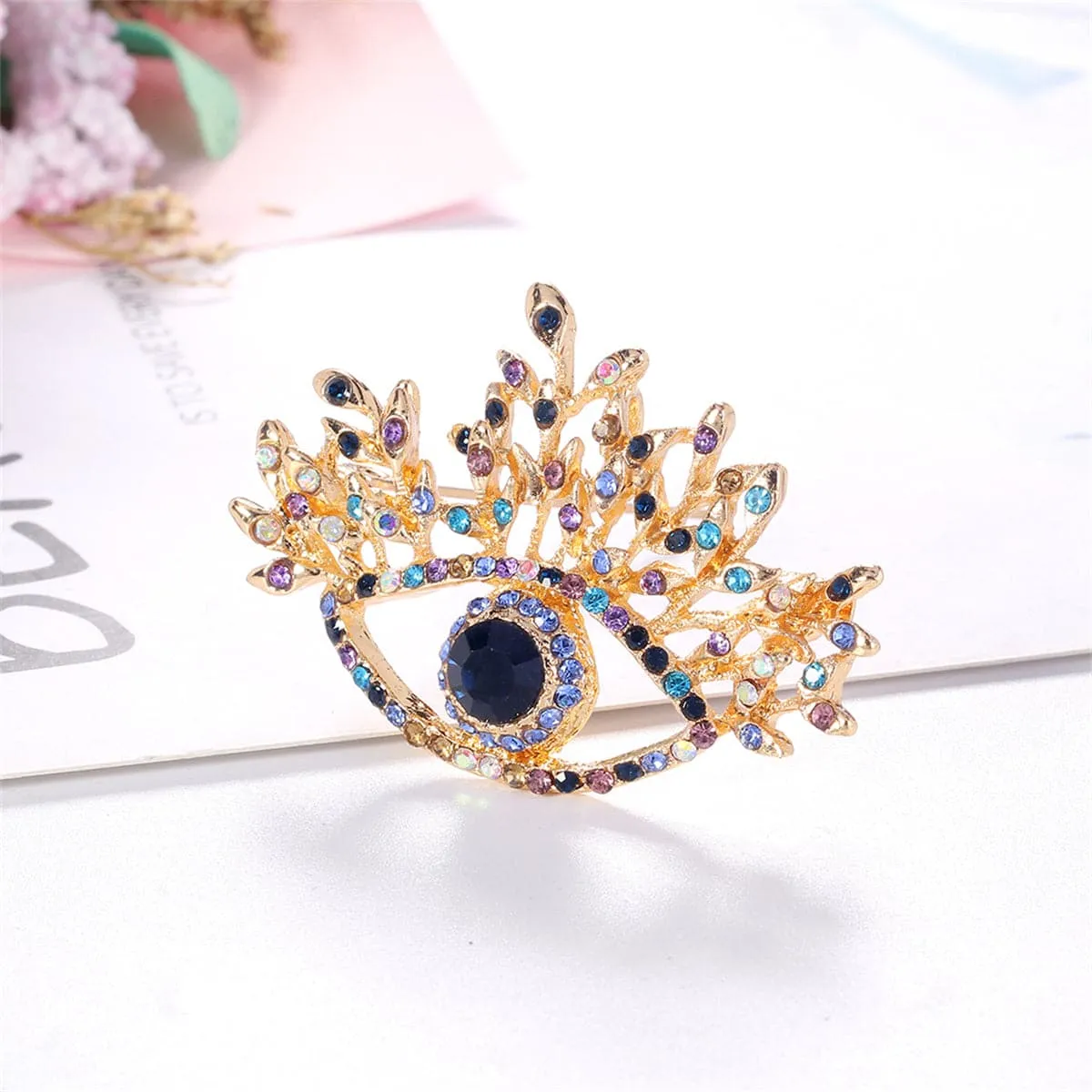 Blue Crystal & Multicolor Cubic Zirconia 18K Gold-Plated Eye Brooch