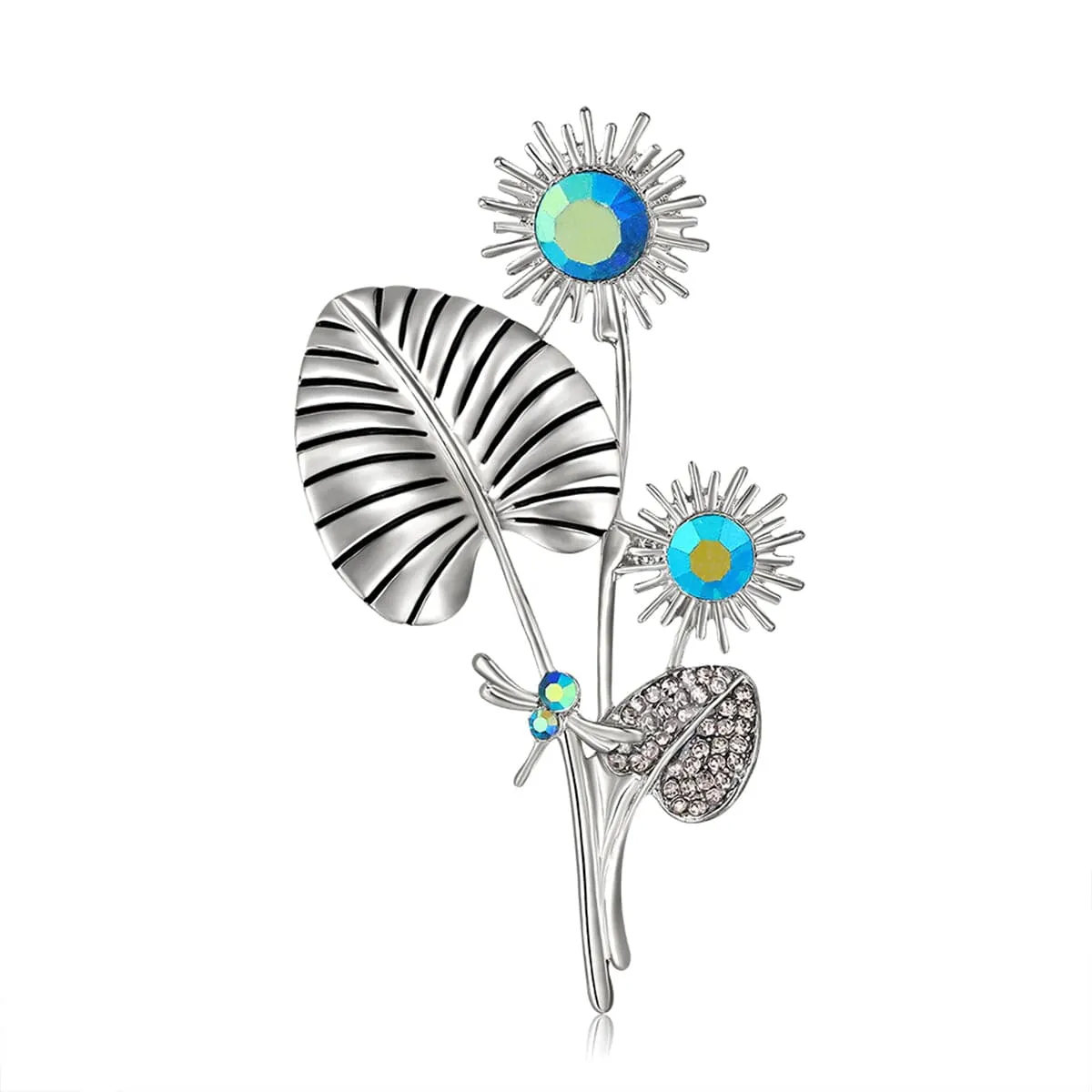 Blue Crystal & Silver-Plated Dragonfly Sunflower Brooch