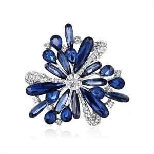 Blue Crystal & Silver-Plated Floral Brooch