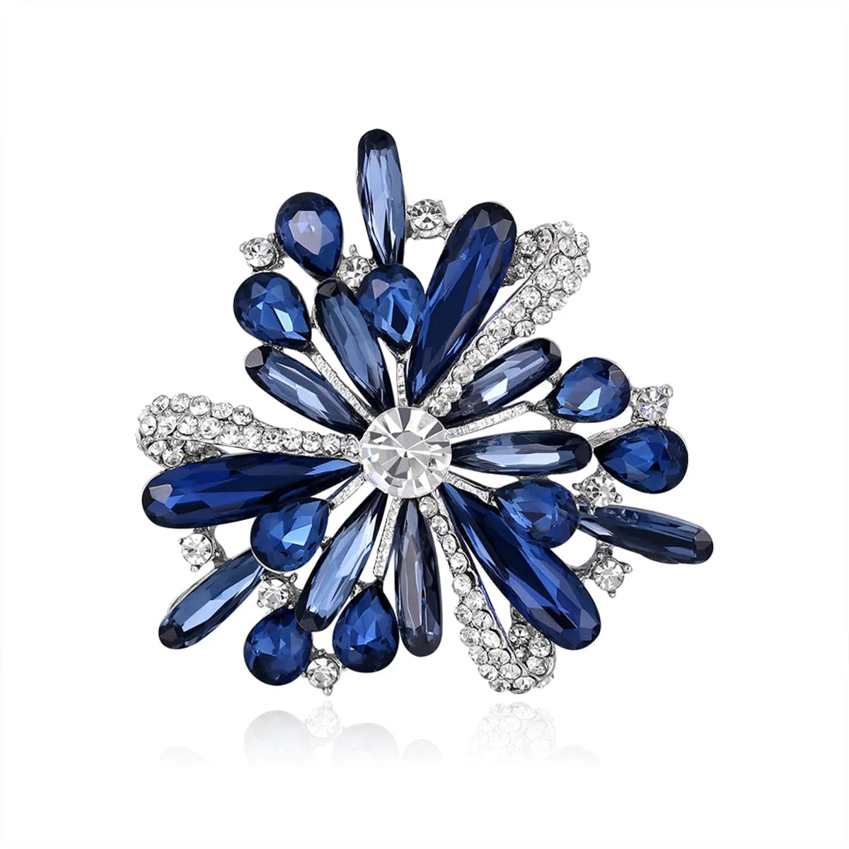 Blue Crystal & Silver-Plated Floral Brooch