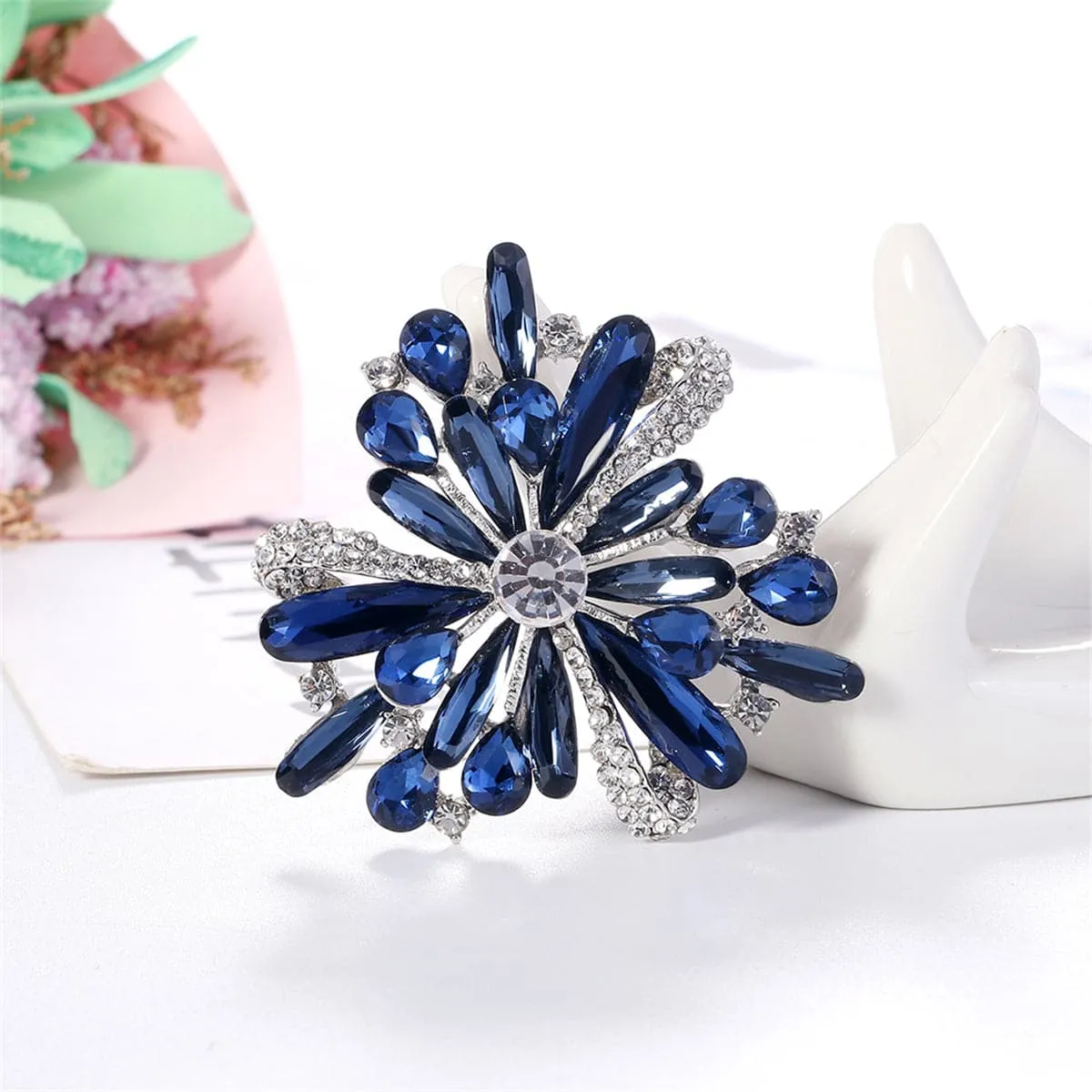 Blue Crystal & Silver-Plated Floral Brooch