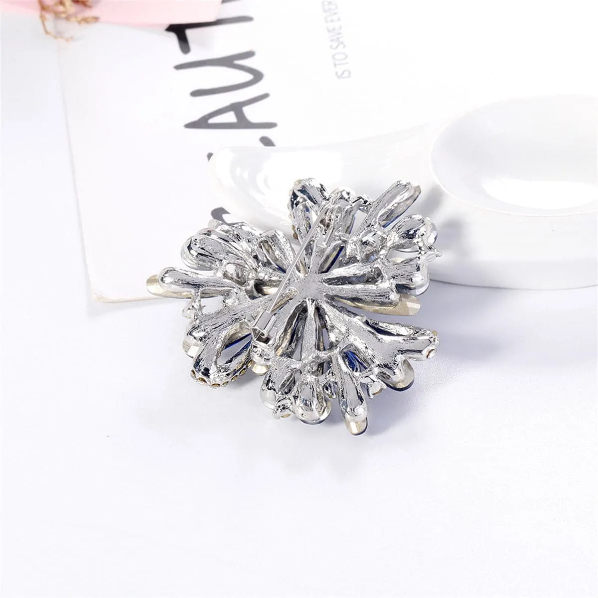 Blue Crystal & Silver-Plated Floral Brooch