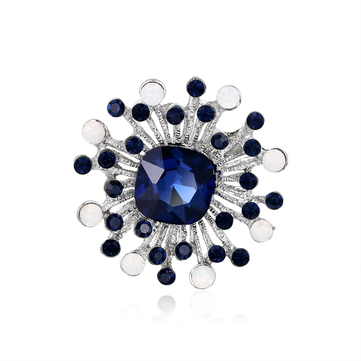 Blue Cubic Zirconia & Silver-Plated Flower Brooch