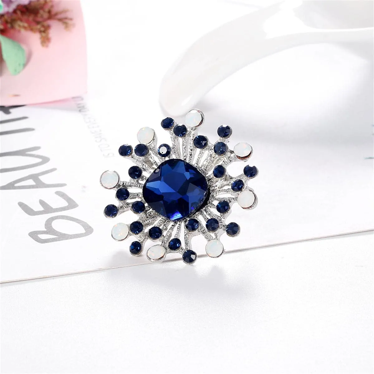 Blue Cubic Zirconia & Silver-Plated Flower Brooch