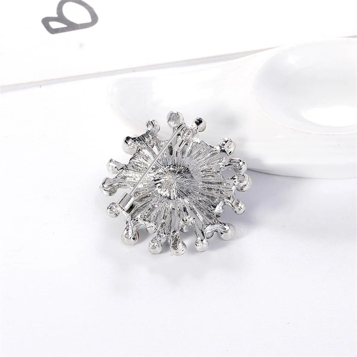 Blue Cubic Zirconia & Silver-Plated Flower Brooch