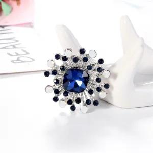 Blue Cubic Zirconia & Silver-Plated Flower Brooch