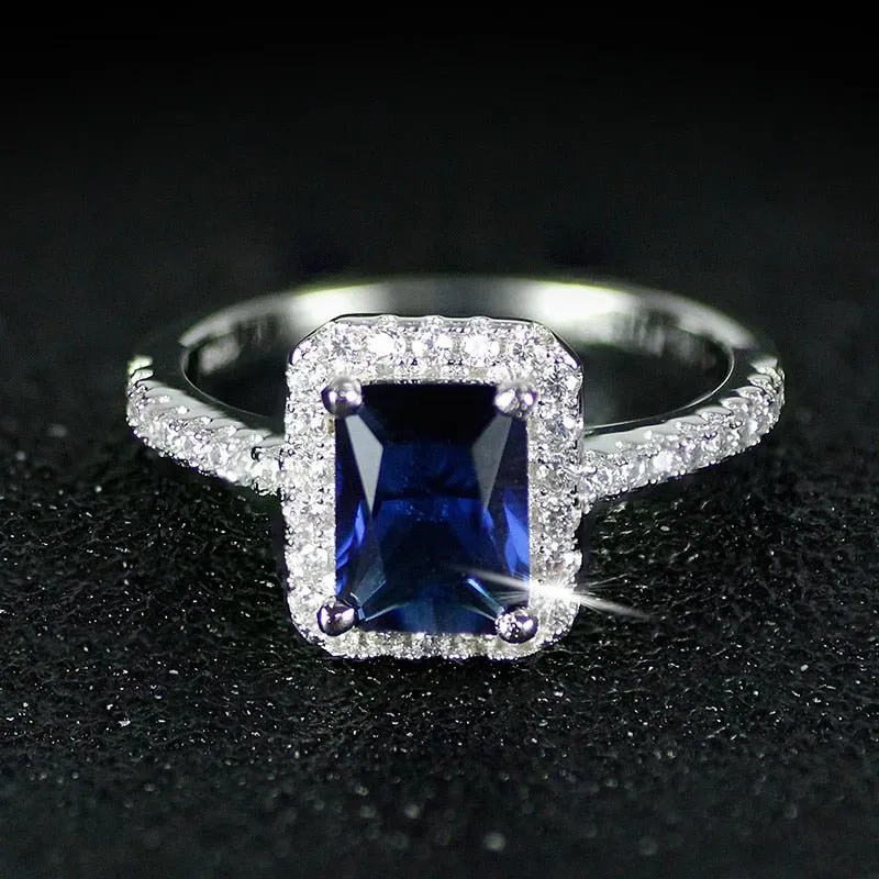 Blue Sapphire Engagement Ring Silver Women promise Jewelry