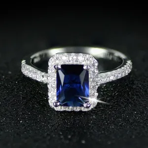 Blue Sapphire Engagement Ring Silver Women promise Jewelry