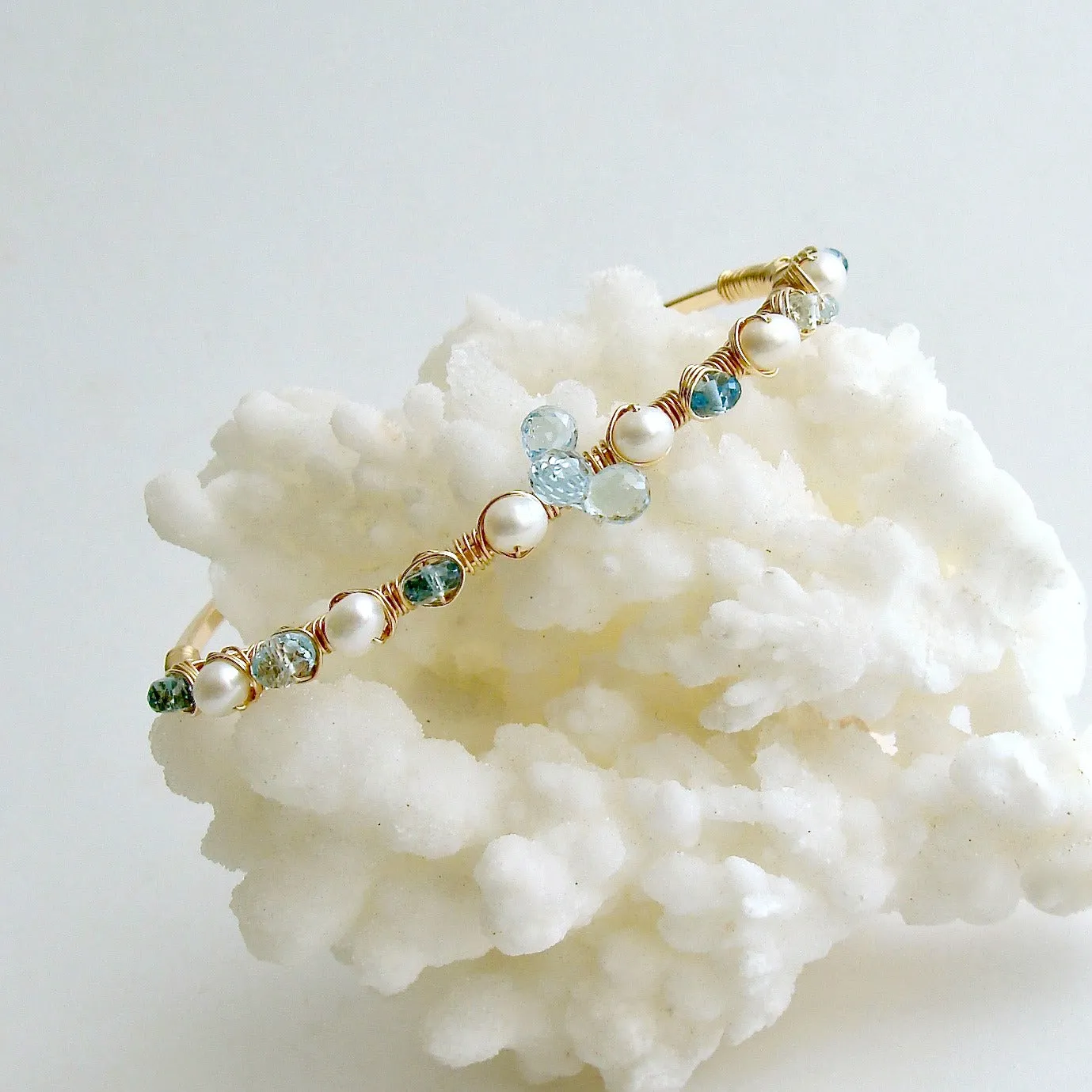 Blue Topaz Pearls Hand Wrapped Cuff Bracelet - Diana Stacking Bracelet