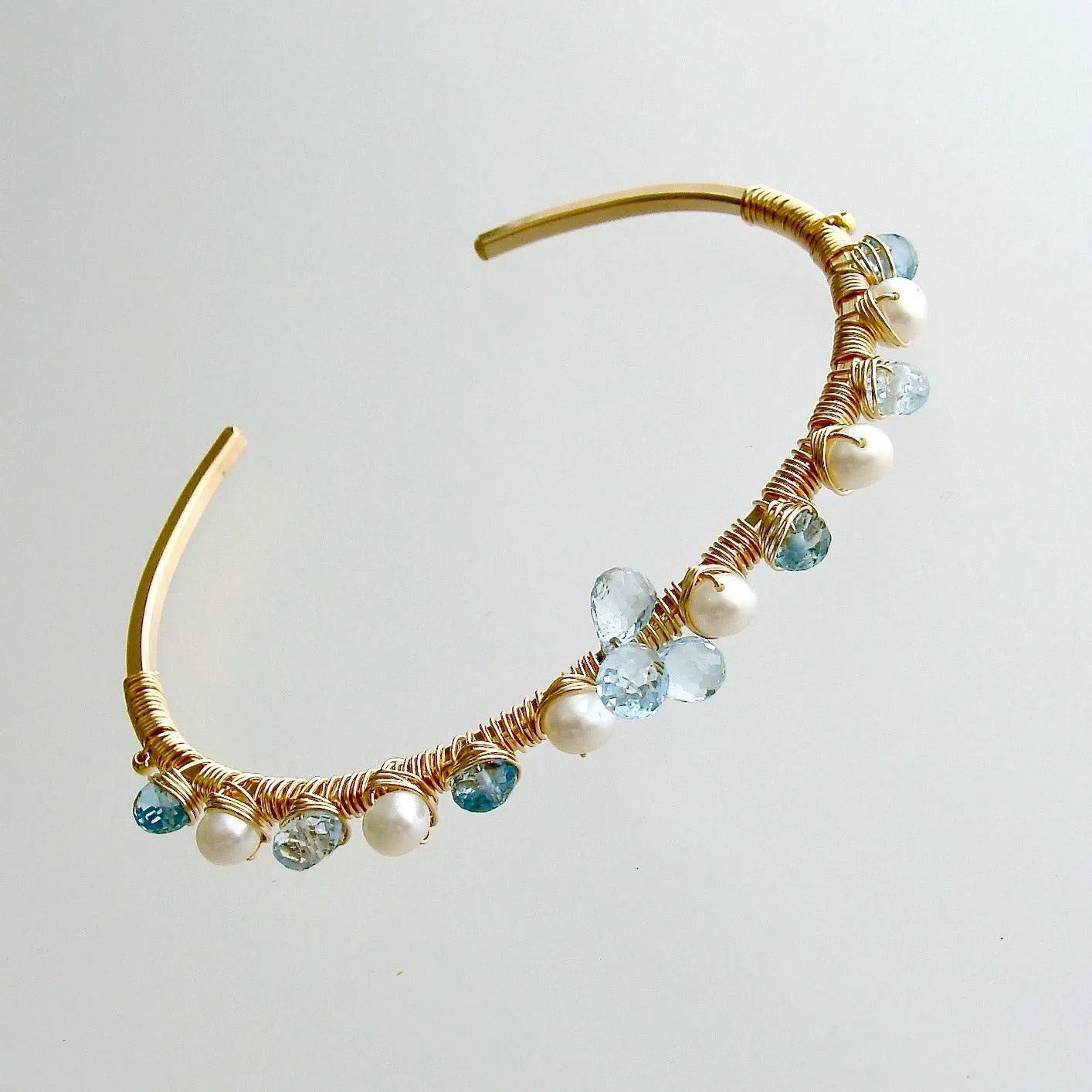 Blue Topaz Pearls Hand Wrapped Cuff Bracelet - Diana Stacking Bracelet