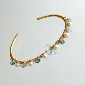 Blue Topaz Pearls Hand Wrapped Cuff Bracelet - Diana Stacking Bracelet