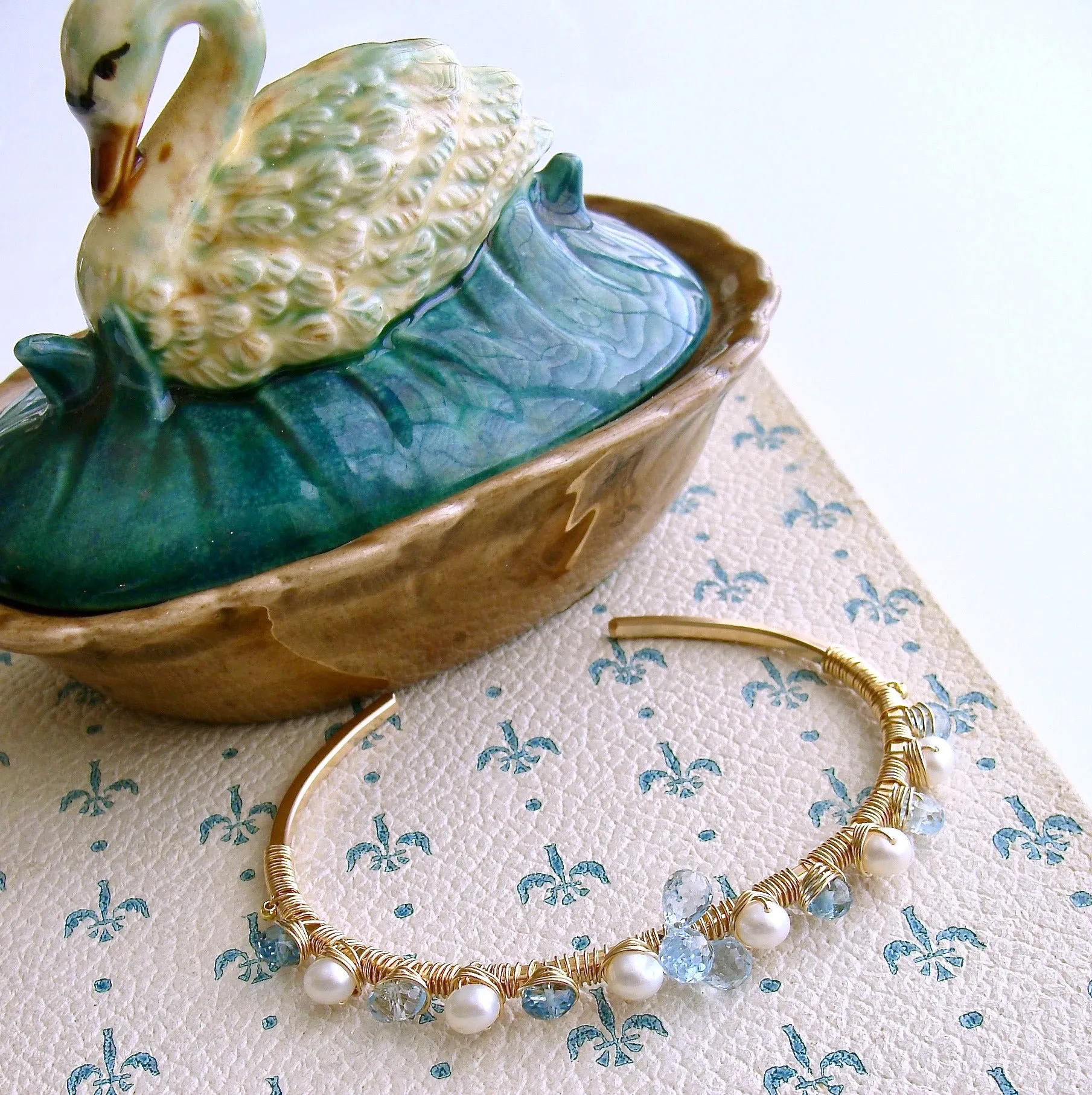 Blue Topaz Pearls Hand Wrapped Cuff Bracelet - Diana Stacking Bracelet