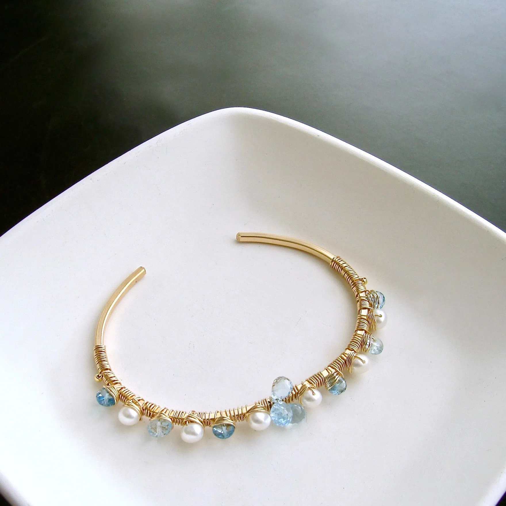 Blue Topaz Pearls Hand Wrapped Cuff Bracelet - Diana Stacking Bracelet
