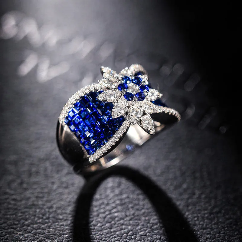 Blue Zircon Inlay Flower Engagement Ring Women Wedding Jewelry