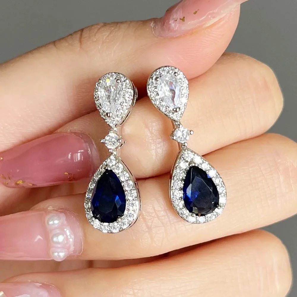 Blue/White Pear CZ Drop Earring