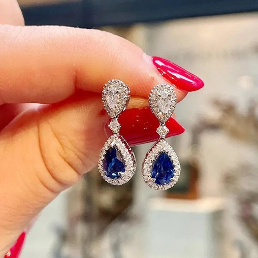 Blue/White Pear CZ Drop Earring