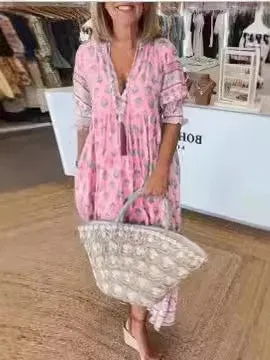 Bohemian Lantern Sleeve Dress, Spring V Neck Elegant High Waist Pleated Dress