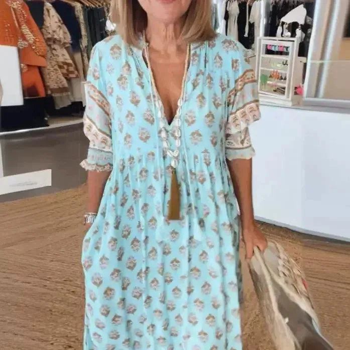 Bohemian Lantern Sleeve Dress, Spring V Neck Elegant High Waist Pleated Dress