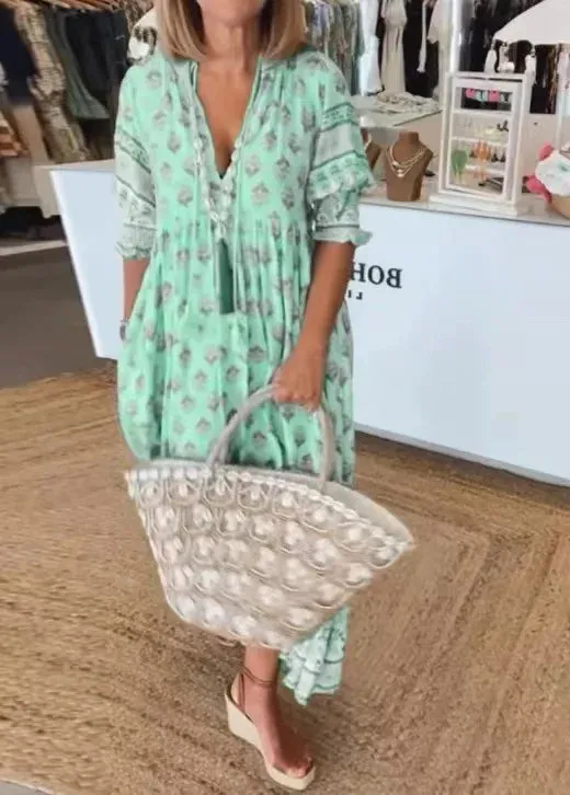 Bohemian Lantern Sleeve Dress, Spring V Neck Elegant High Waist Pleated Dress