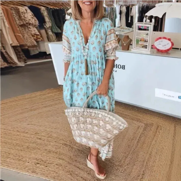 Bohemian Lantern Sleeve Dress, Spring V Neck Elegant High Waist Pleated Dress