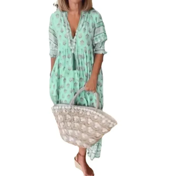 Bohemian Lantern Sleeve Dress, Spring V Neck Elegant High Waist Pleated Dress