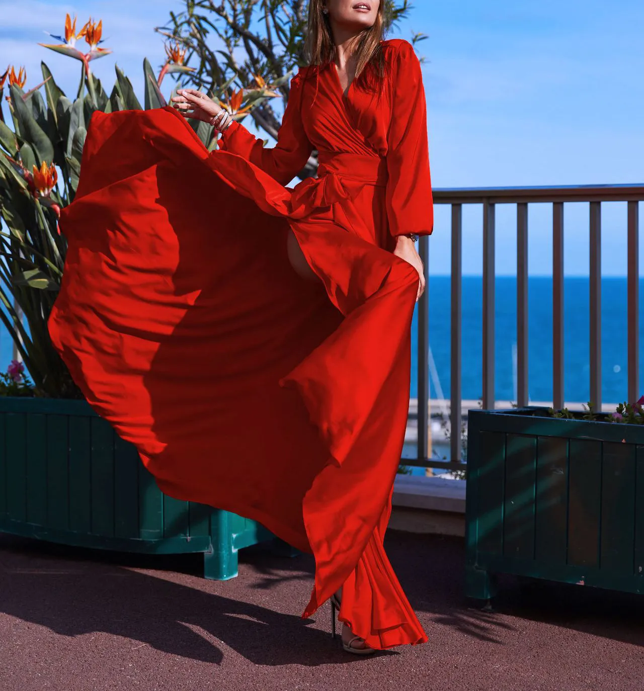 Bohemian Net Color Deep V-neck Stitching Split Dress
