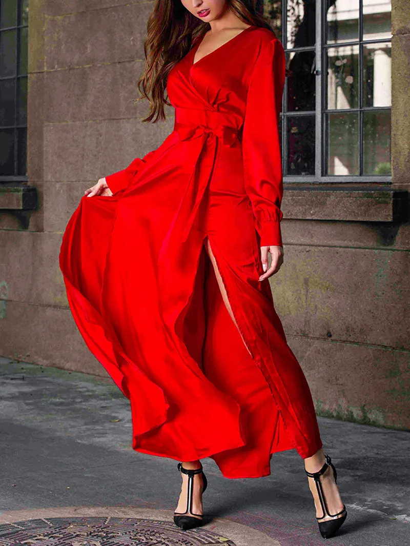 Bohemian Net Color Deep V-neck Stitching Split Dress