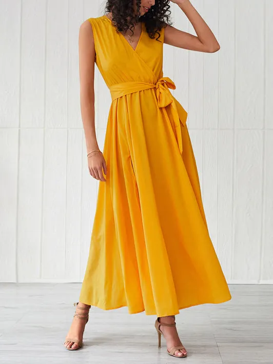 Bohemian Net Color V-neck Sleeveless High Slit Dress