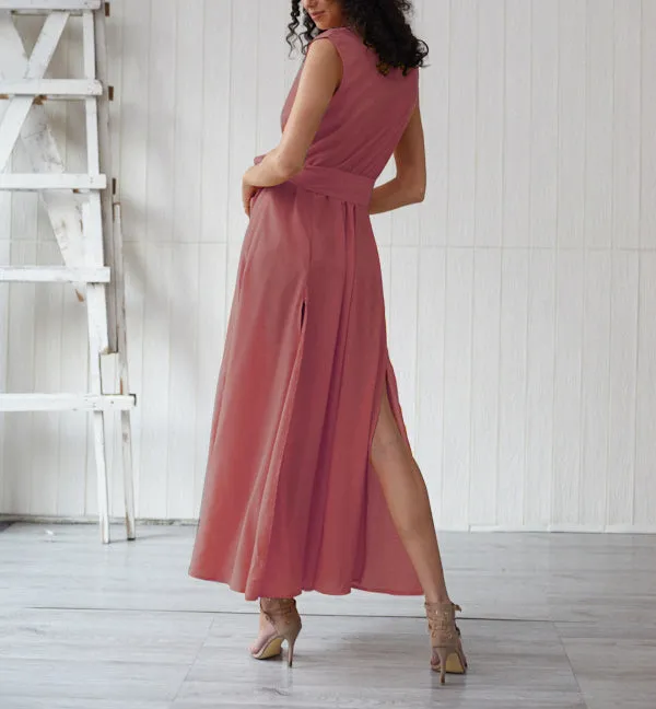 Bohemian Net Color V-neck Sleeveless High Slit Dress