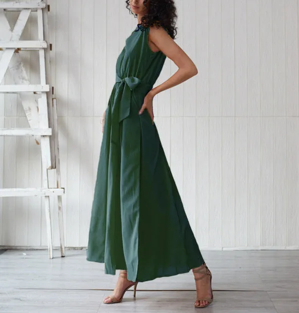 Bohemian Net Color V-neck Sleeveless High Slit Dress