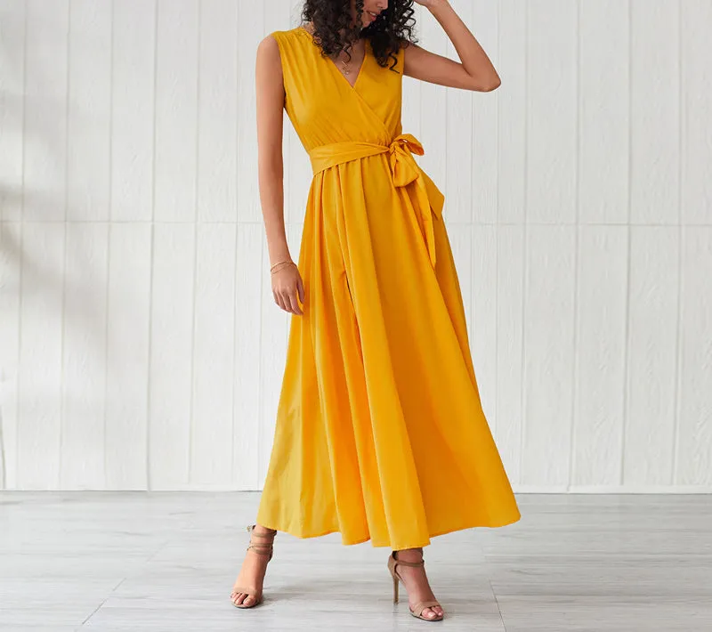 Bohemian Net Color V-neck Sleeveless High Slit Dress